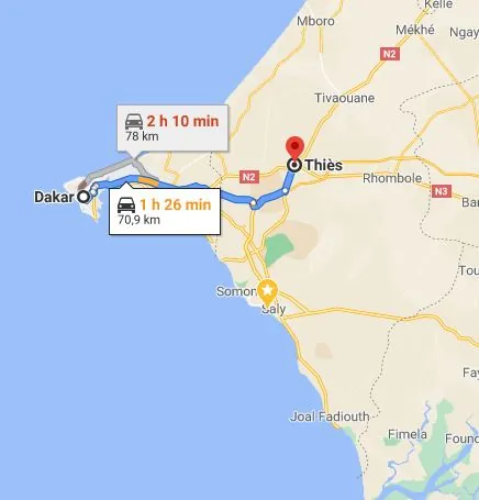Itinéraire Dakar — Hôtel Riu Baobab (Pointe Sarène)