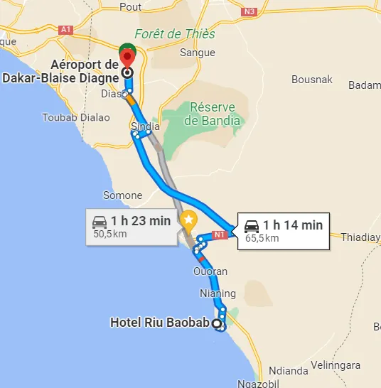 Itinéraire AIBD — Aéroport Blaise Diagne — Hôtel Riu Baobab (Pointe Sarène)