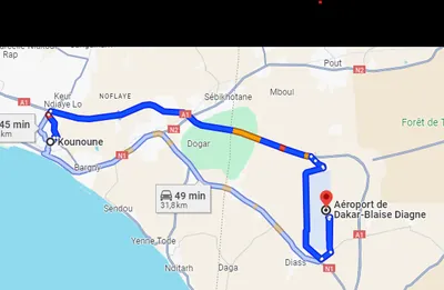 Trajet Kounoune — AIBD — Aéroport Blaise Diagne